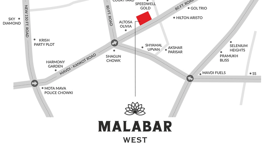 Location of Malabar West in Mavdi, Rajkot - Image 421014