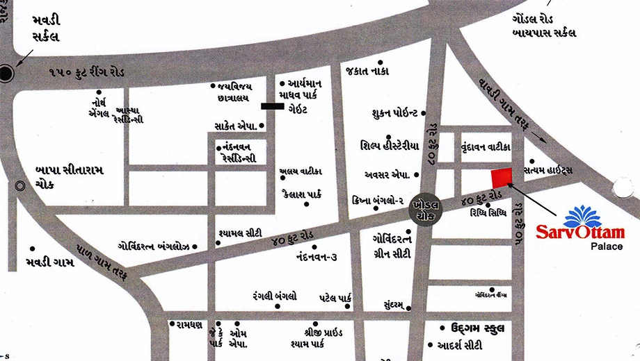 Location of Radheshree Sarvottam Palace in Mavdi, Rajkot - Image 421097