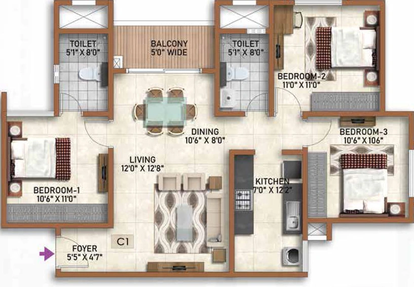 3 BHK Flat in Park Regent - Prestige Finsbury in Bagalur, Bangalore - Image 472965
