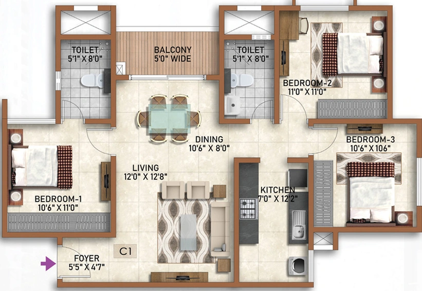 3 BHK Flat in Park Hyde - Prestige Finsbury in Bagalur, Bangalore - Image 484419