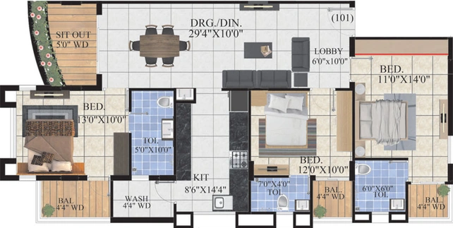 3 BHK Flat in KBG Platinum in Bhawrasla, Indore - Image 500818