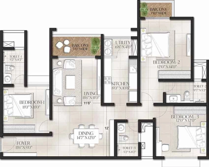 3 BHK Flat in Meridian Park - The Prestige City in Sarjapur, Bangalore - Image 256695