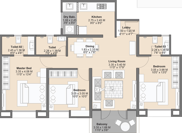 3 BHK Flat in Kohinoor Kaleido in Kharadi, Pune - Image 435391