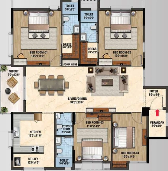 4 BHK Flat in Lifestyle Podium in T Nagar, Chennai - Image 567362