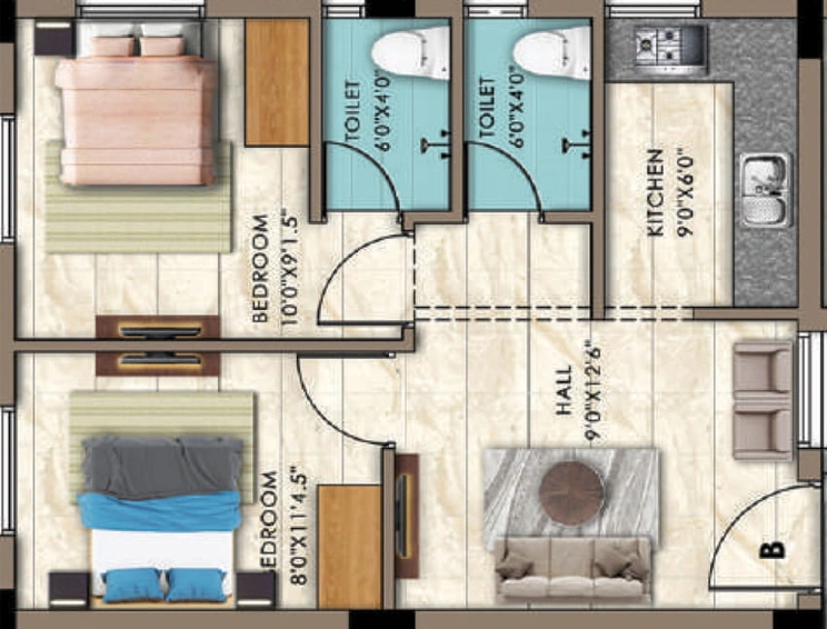2 BHK Flat in Sri Saai Narayani Apartments in Choolaimedu, Chennai - Image 363458