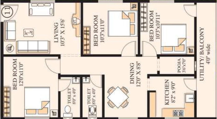3 BHK Flat in Bhoomatha Sai Durga Enclave in Pothinamallayya Palem, Visakhapatnam - Image 489581