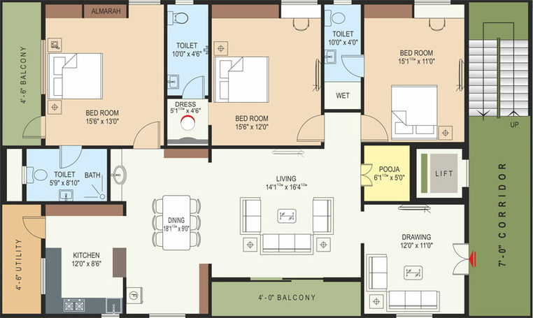 Floor Plan of Pan Sree Residency in Yendada, Visakhapatnam - Image 45911