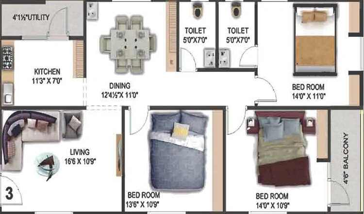 3 BHK Flat in Sunrise City in Kurmannapalem, Visakhapatnam - Image 490889