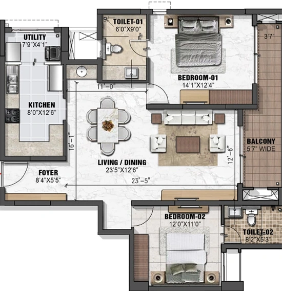 2 BHK Flat in Prestige Eden Gardens in Kalamassery, Kochi - Image 493105