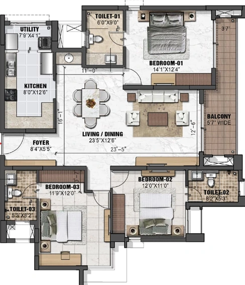 3 BHK Flat in Prestige Eden Gardens in Kalamassery, Kochi - Image 493106