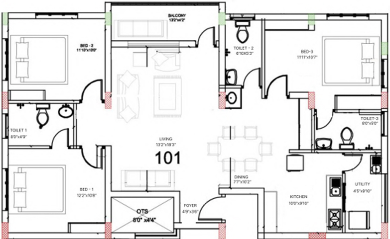 3 BHK Flat in Primeur Kalyan Homes in Saravanampatti, Coimbatore - Image 417438