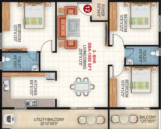 3 BHK Flat in Sapthagiri Sandalwoods in Whitefield, Bangalore - Image 412052