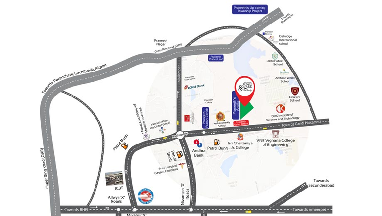 Location of Praneeth Pranav Town Square in Bachupally, Hyderabad - Image 41423
