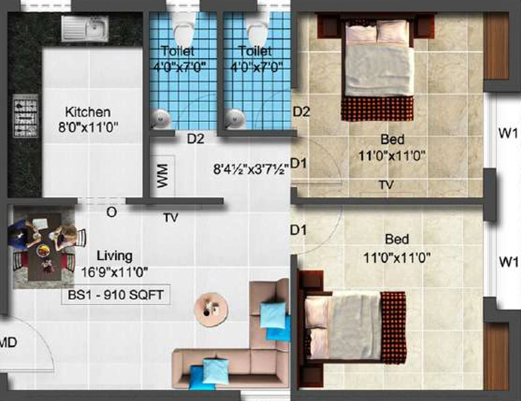 2 BHK Flat in Vijay Sri Sai Elite in Santhoshapuram, Chennai - Image 567281