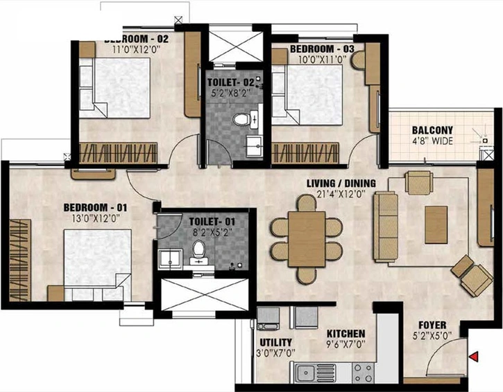3 BHK Flat in Prestige Elysian in Kalena Agrahara, Bangalore - Image 602683