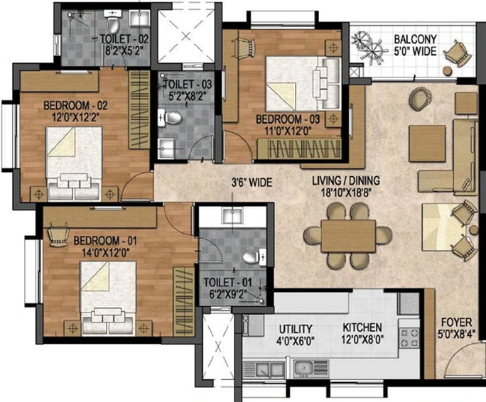 3 BHK Flat in Prestige Woodland Park in Cooke Town, Bangalore - Image 603909