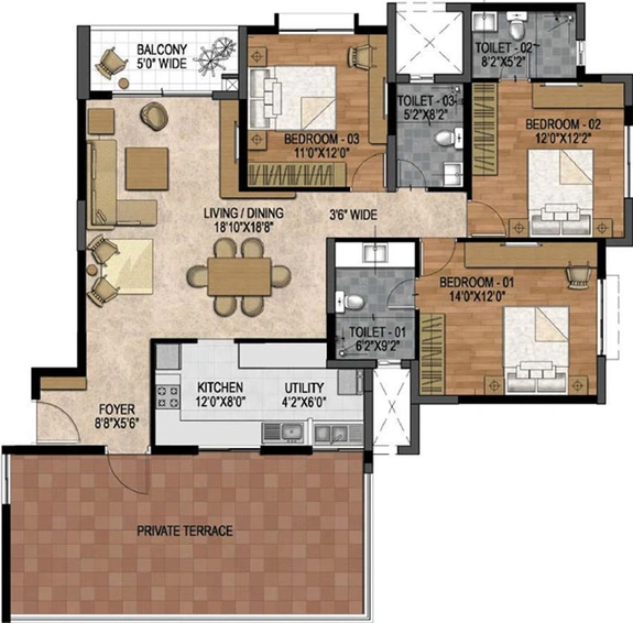 3 BHK Flat in Prestige Woodland Park in Cooke Town, Bangalore - Image 603910