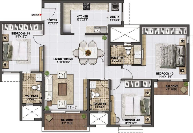 3 BHK Flat in Prestige Green Gables in Panathur, Bangalore - Image 606814