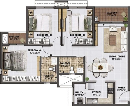 3 BHK Flat in Prestige Green Gables in Panathur, Bangalore - Image 606813