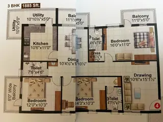 Floor Plan of 3 BHK Flat for Resale in Kompally, Hyderabad - Image 32830